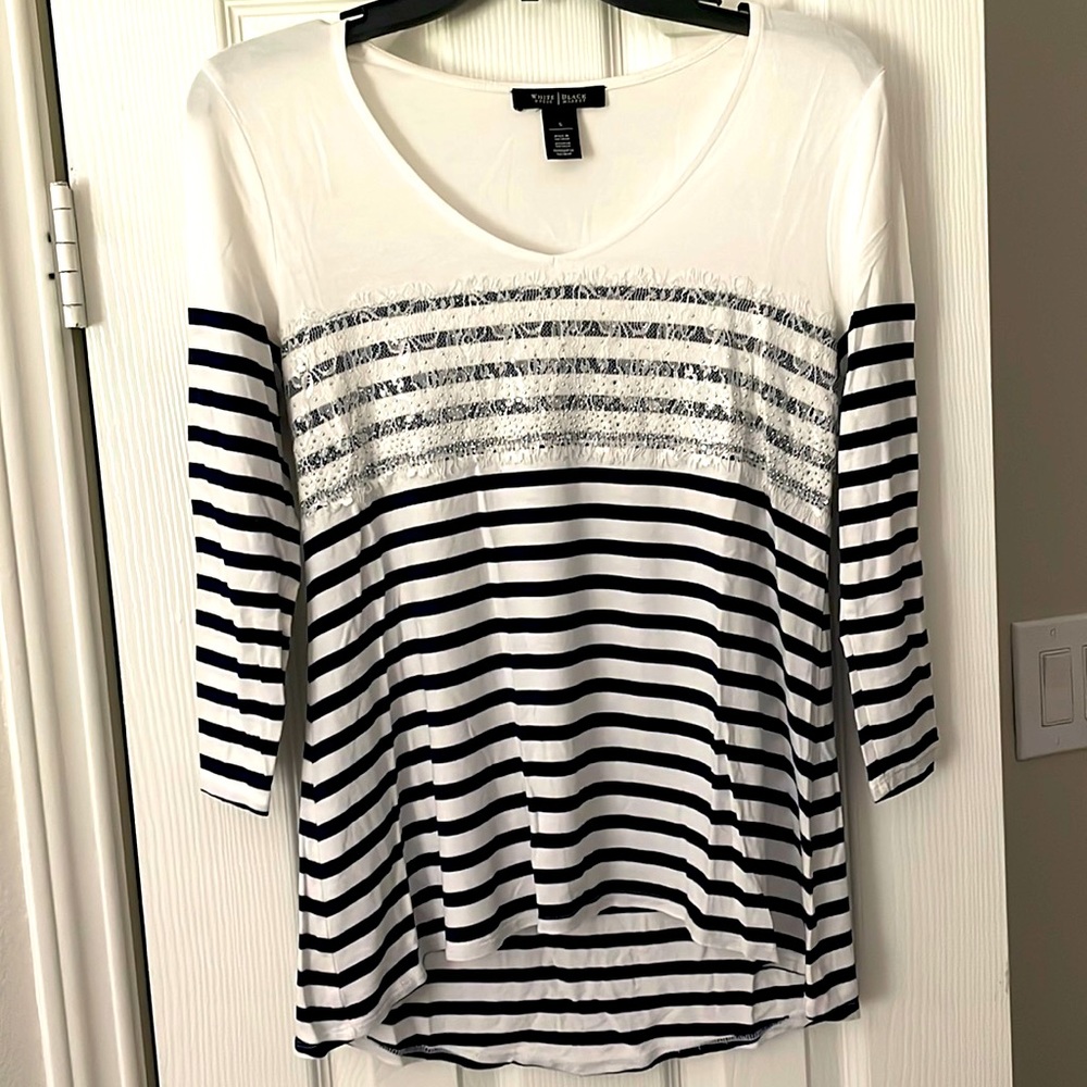 Women 3/4 Sleeve White / Navy Stripes with sequence/Lace accent on the front